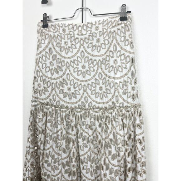 PINKO Size 6 White Tan Eyelet Embroidered Long Maxi Skirt Scalloped Hem - Picture 2 of 15